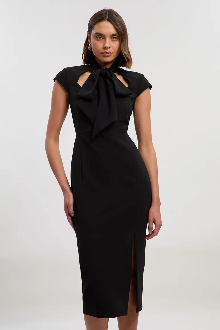 Compact Stretch Bow Tie Neck Tailored Pencil Midi Dress Karen Millen Black : Premium Dresses : VogaCloset Oman Compact Stretch Bow Tie Neck Tailored Pencil Midi Dress Karen Millen Black : Premium Dresses : VogaCloset Oman