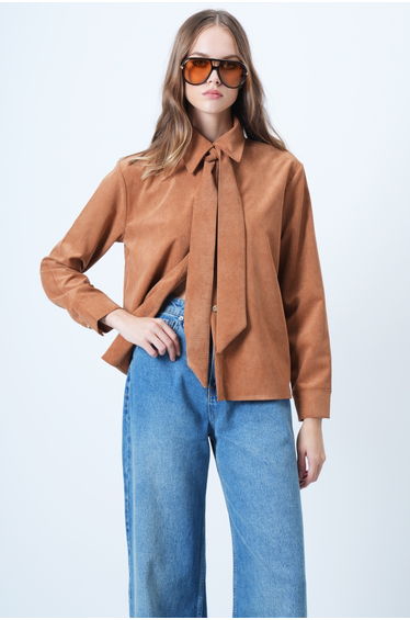 Women's Tan Self-Belted Oversize Velvet Shirt