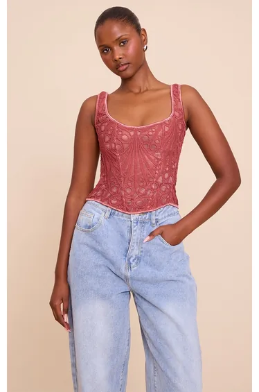 Mauve Textured Sheer Floral Square Neck Corset