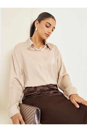 Women Beige Satin Embellished Collar Shirt