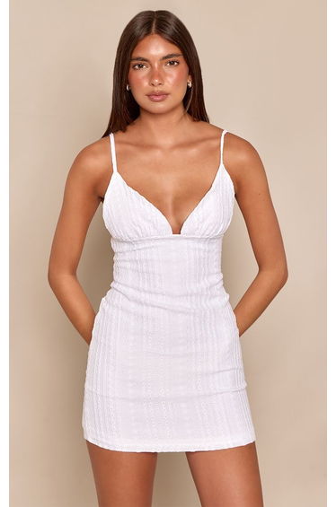 White Textured Strappy Sleeveless Bodycon Mini Dress