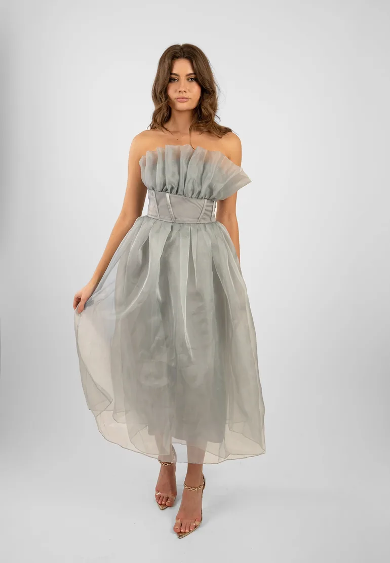 grey midaxi dress Grey Gathered Sequin Midaxi Dress for Effortless Elegance