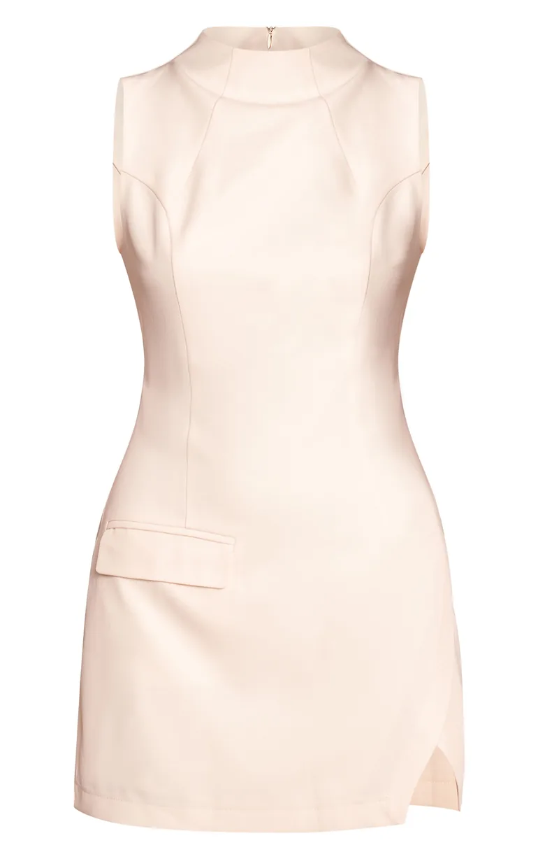 Cream Woven High Neck Sleeveless Bodycon Dress - 4