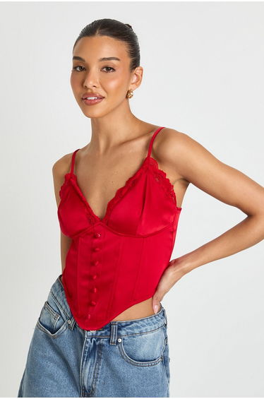 Lace Trim Boned Corset Top - red