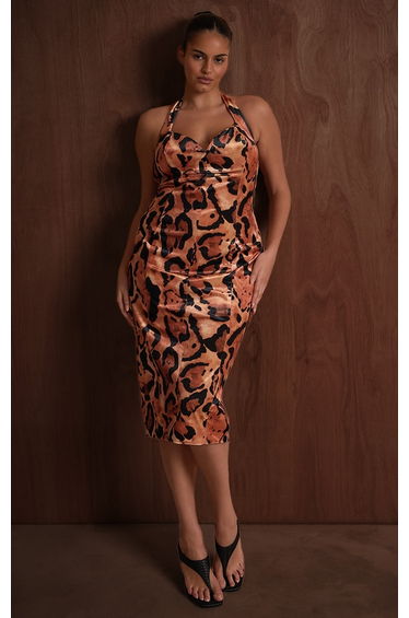 PLT Label Plus Multi Leopard Printed Velvet Halterneck Midaxi Dress