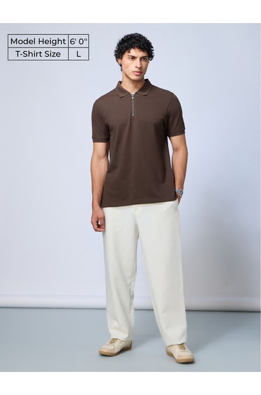 Men Brown Solid Quarter-Zip Polo