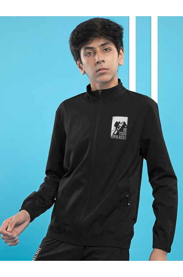 Graphic Print High Neck Jacket with Zipper Detail