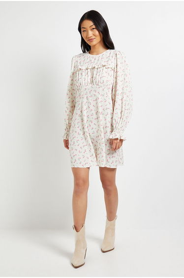 Petite Cream Ditsy Gathered Bodice Lace Back Long Sleeve Mini Dress