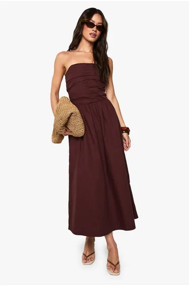 Tall Cotton Poplin Ruched Detail Midi Dress - chocolate