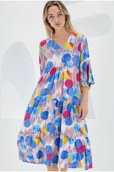 BDART Patterned V-Neck Midi Dress with Short Sleeves