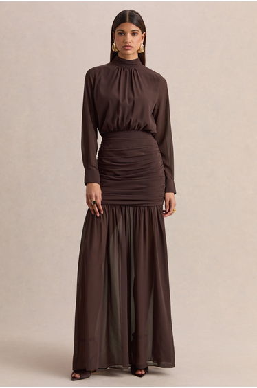 Zella | Brown High-Neck Maxi Dress With Sheer-Skirt