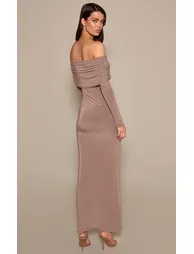 Taupe Double Layer Slinky Bardot Maxi Dress - 1