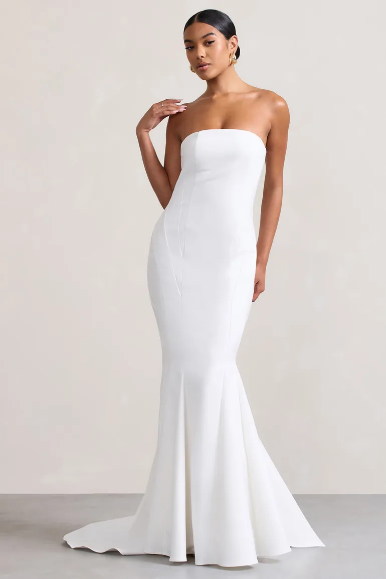 Shop Adored | White Strapless Structured Fishtail Maxi Dress Online in Oman