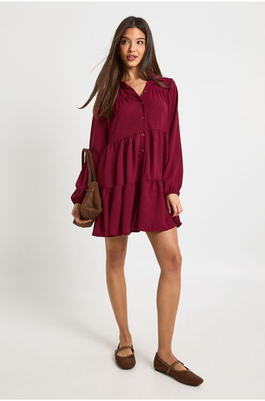 Textured Tiered Smock Dress - merlot