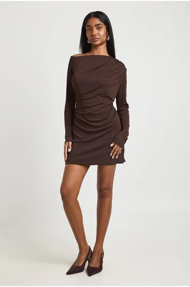 Mesh Asym Drape Asym Hem Midaxi Dress - chocolate