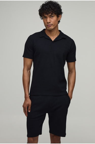 Slim Fit Man Waffle Revere Polo & Short Set - black