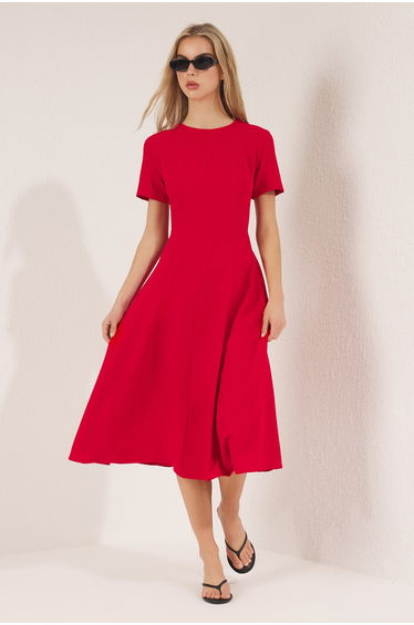 Red Skirt Waist Opening Midi Woven Dress