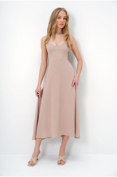 Women's Beige Rope Strap Back Tie Detail Maxi Size Summer Dress