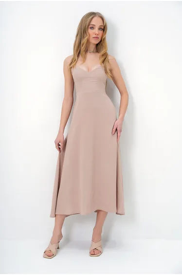 Women's Beige Rope Strap Back Tie Detail Maxi Size Summer Dress