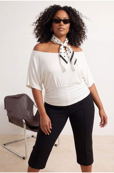 Ecru Plain Boat Neck Knitted Plus Size Blouse