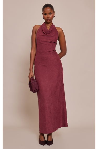Plum Textured Cowl Neck Sleeveless Maxi Dress