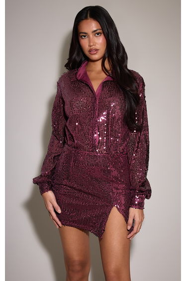 Plum Sequin Fitted Shirt Dress