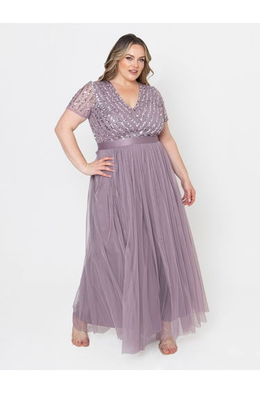 Maya Moody Lilac Stripe Embellished Maxi Dress With Sash Belt