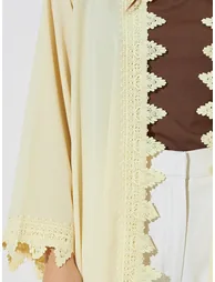 Yellow Solid Long Sleeves Lace Trim Abaya - 3