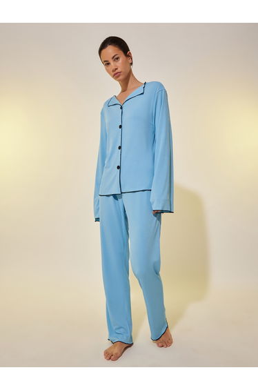 Ribbed Contrast Trim Long Sleeve Shirt and Pyjama Set