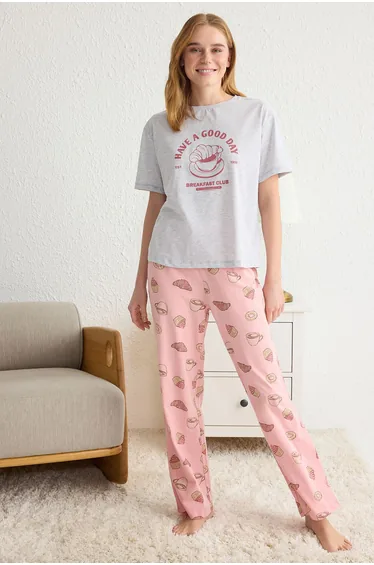 Grey Melange 100% Cotton Slogan Printed Knitted Pajama Set
