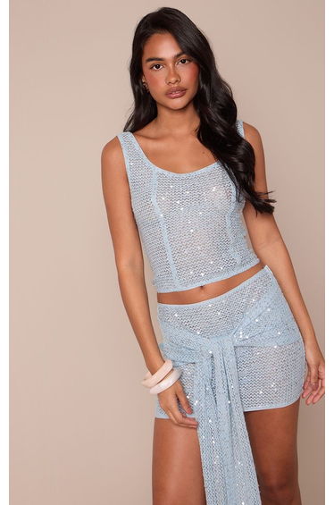 Baby Blue Textured Sequin Scoop Neck Top