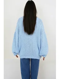 Women's Blue V-Neck Thick Thessaloniki Braided Soft Textured Oversized Sweater - 4