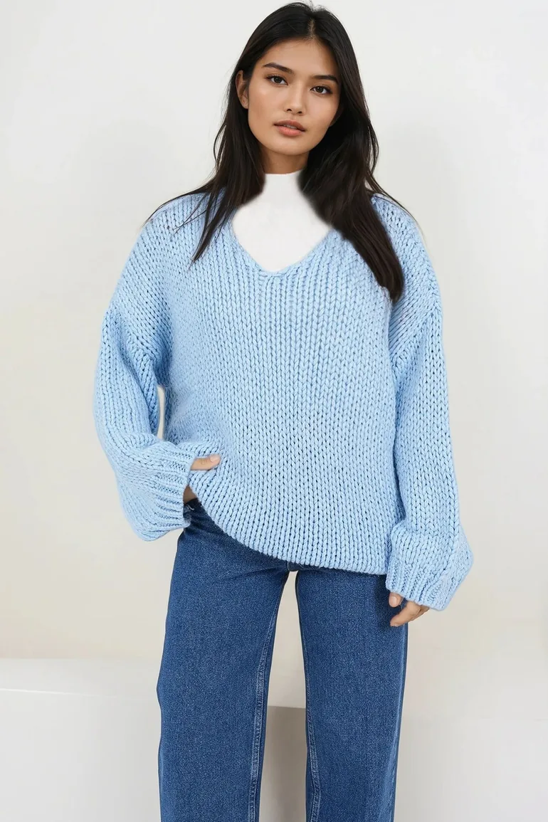 Women's Blue V-Neck Thick Thessaloniki Braided Soft Textured Oversized Sweater