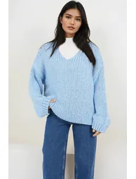 Women's Blue V-Neck Thick Thessaloniki Braided Soft Textured Oversized Sweater