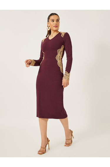Lace Detail V-Neck Bodycon Midi Dress