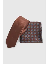 Mocha Patterned Tie and Foulard Pocket Square