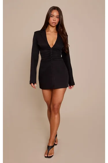 Black Woven Tailored Hook and Eye Blazer Dress