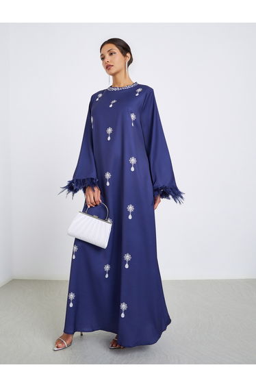 Women Printed Jalabiya with Faux Feather Trim