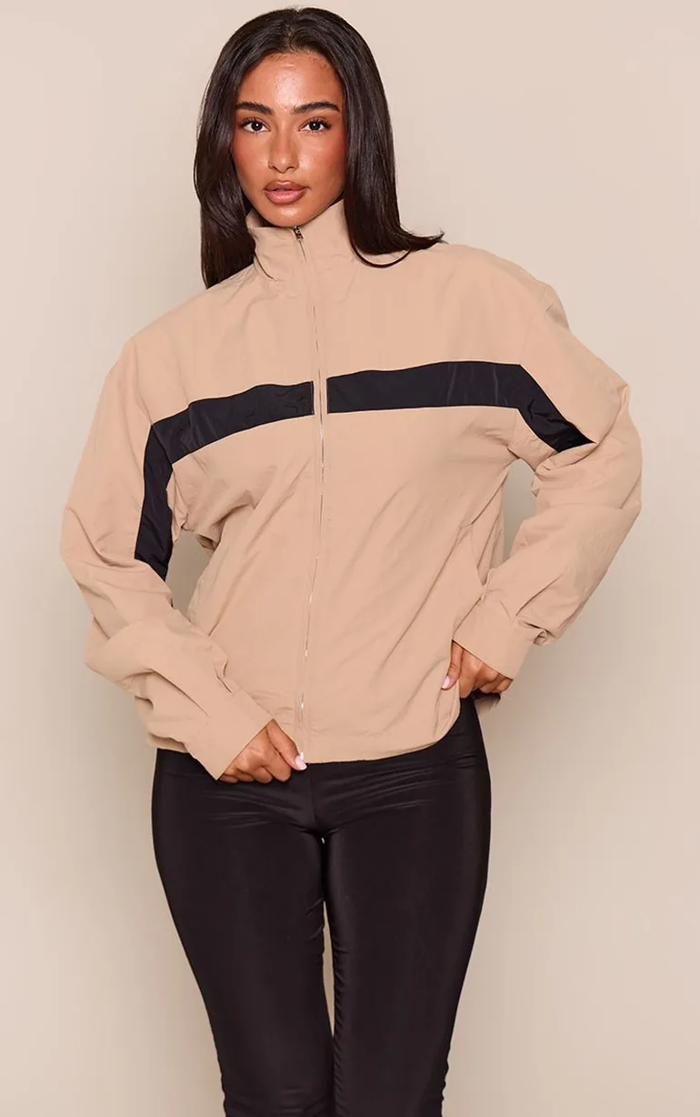 Petite Beige Contrast Stripe Zip Front Track Jacket