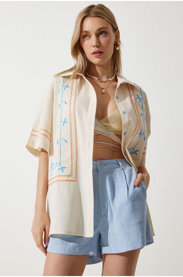 Women's Cream Embroidered Linen Shirt