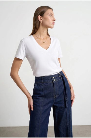 Dilvin Cotton Tencel V-Neck Short-Sleeve Blouse