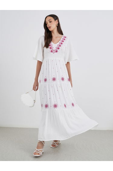 Embroidered Bell Sleeves Tiered Maxi Dress