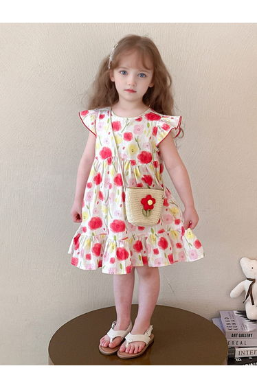 Girls Floral Print Ruffle Sleeve Dress