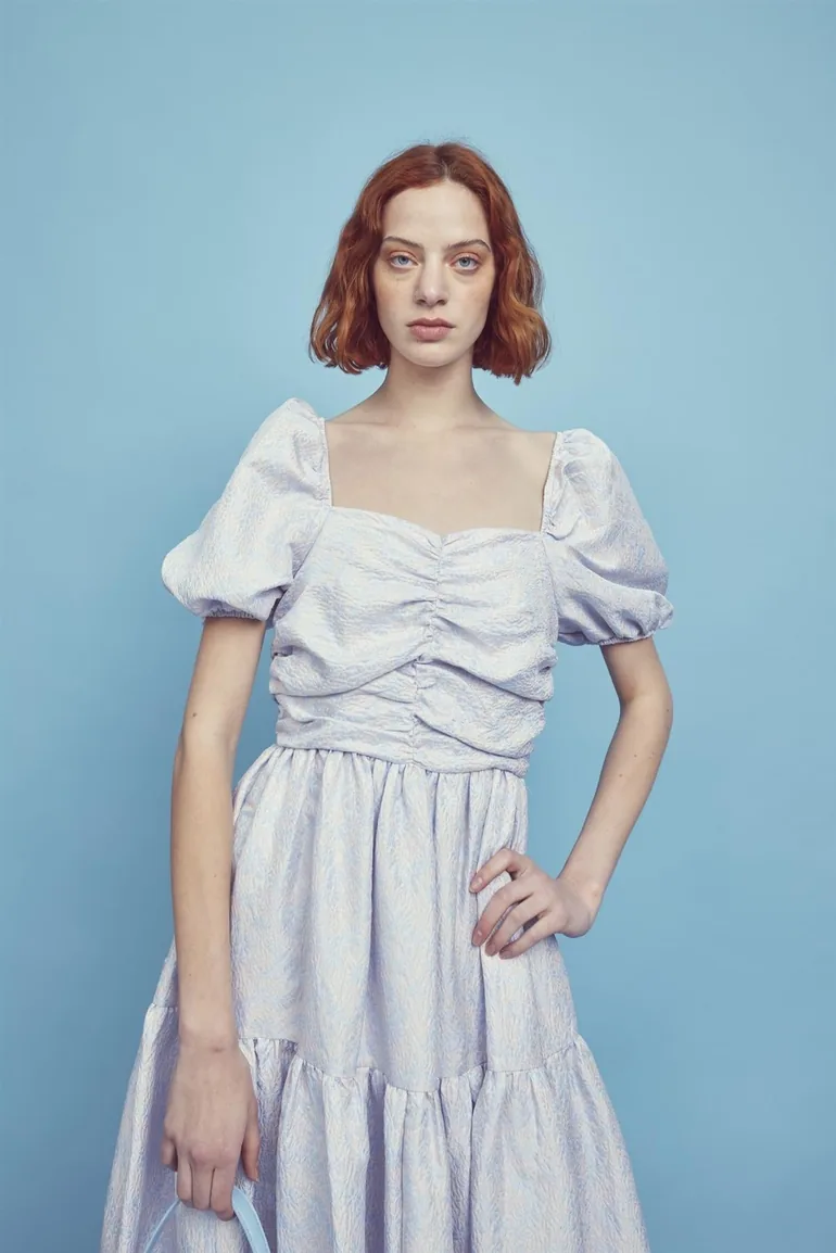 Shop Zara Ruched Bodice Maxi Dress -Powder-Blue Daisies Online in Qatar