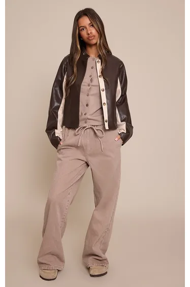 Petite Chocolate Faux Leather Panelled Fitted Jacket