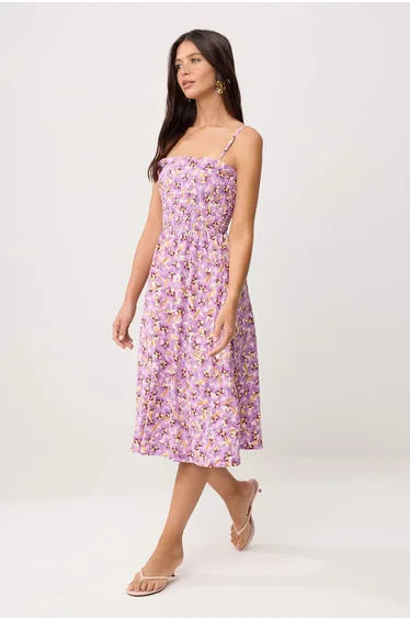 Pink-Multicolor Floral Midi Woven Dress