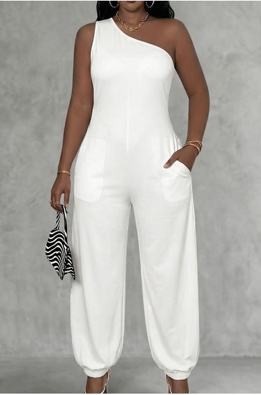 Sleeveless Pockets Solid Color One-Shoulder Jumpsuits