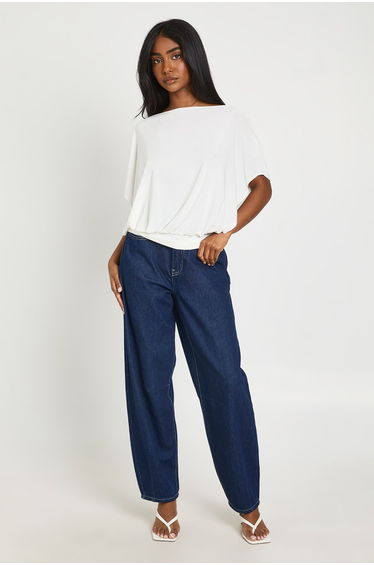 Slinky Deep Back Cowl Drape Sleeve Top - white