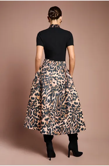 Lisa Tan Leopard Satin Midi Skirt