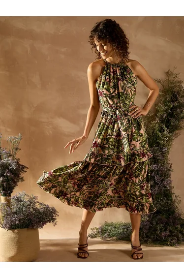 فستان ميدي بحواف كشكش بطبعة إستوائية